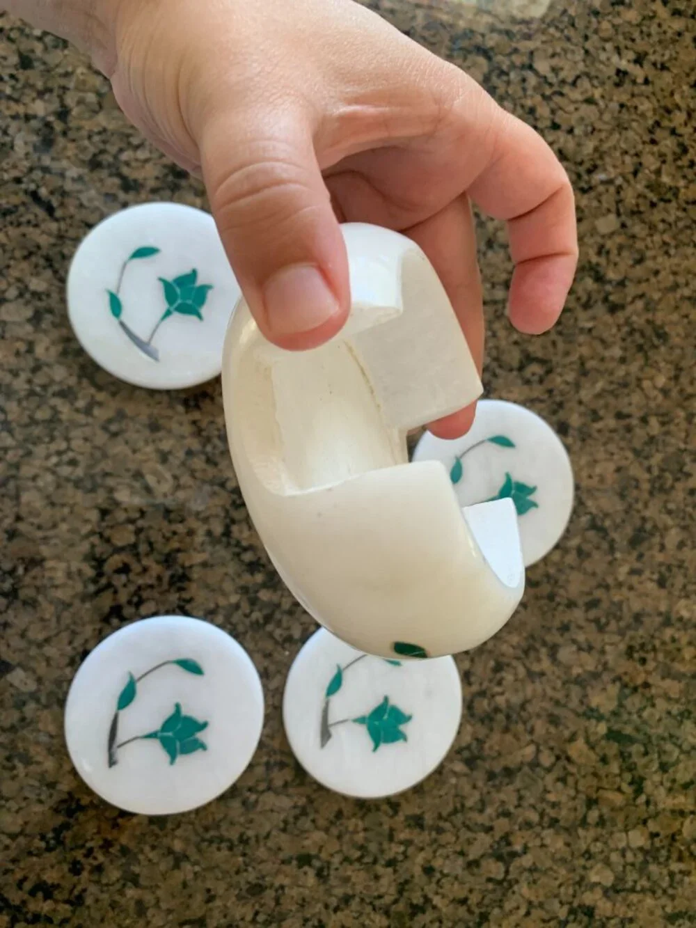 5 Coaster, 6 Piece Marble Coaster Set With Gemstone Inlay from Sri Lanka